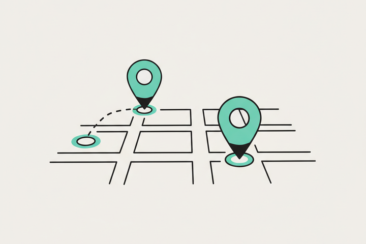 Illustration of a map pin being corrected on a street grid