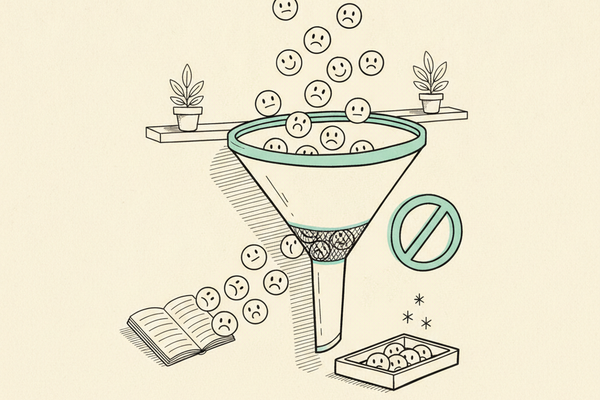 Editorial conceptual line illustration of a large hand-drawn funnel filled with mixed happy and frown emoji faces, a mesh filter dividing them, a blocked no-symbol hovering nearby, diverted frown faces tumbling toward a blank notebook, and happy faces collecting in a tray marked with sparkles, on a cream paper background with teal accents.