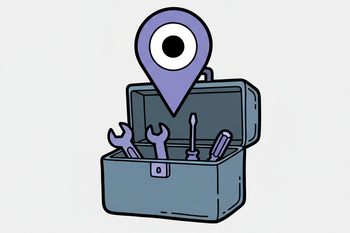 Flat illustration of a toolbox with a Google Maps location pin, representing handyman local SEO