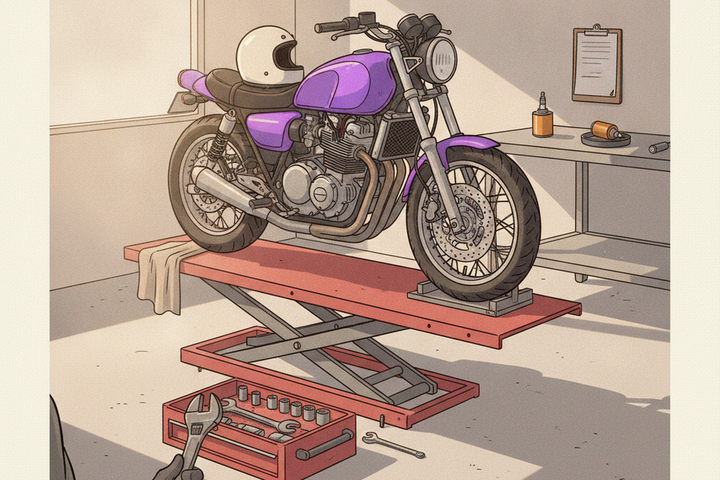 Editorial illustration of a motorcycle on a lift in a repair shop bay, with a mechanic's hand holding a wrench, an open toolbox, and warm afternoon window light