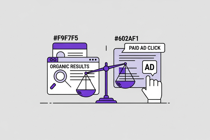 Split illustration comparing organic local SEO results and paid Google Ads with a balance scale