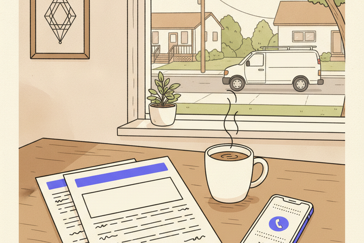 Editorial illustration of a service business owner's desk showing two Spanish landing page mockups with purple header bars, a smartphone displaying an incoming call icon, a coffee mug, and a suburban neighborhood visible through the window