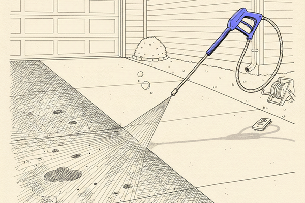 Editorial illustration of a pressure washer wand cleaning a residential concrete driveway that's half stained and half freshly cleaned, with a garage door and hose reel visible.