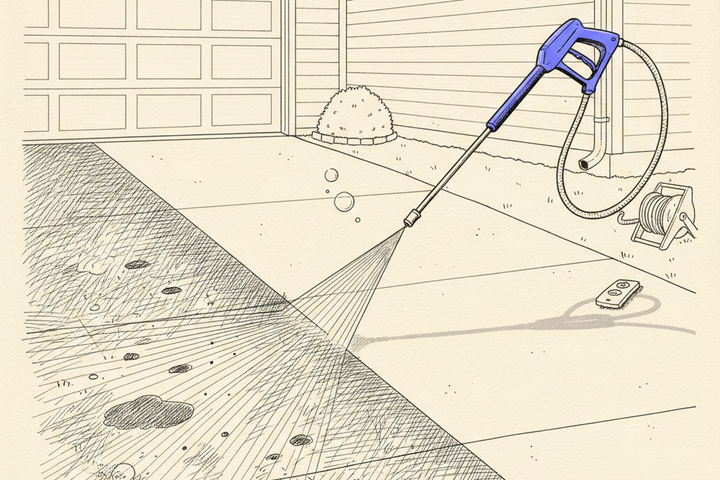 Editorial illustration of a pressure washer wand cleaning a residential concrete driveway that's half stained and half freshly cleaned, with a garage door and hose reel visible.