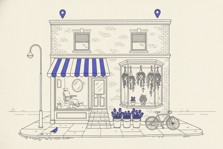Hand-drawn two-story brick building where a barbershop with a purple striped awning and a florist with hanging ferns and purple tulips share one ground floor, with a purple map pin floating above each business