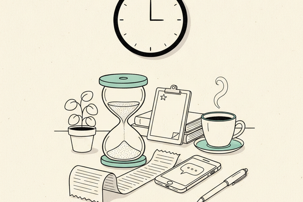 Editorial line illustration of a still-life scene with an hourglass mid-flow, a blank analog wall clock, a smartphone showing an empty notification bubble and a star icon, an unfurled paper strip, a coffee mug with steam, a clipboard, and a potted plant, with teal accents on the hourglass rim, saucer trim, and star icon.