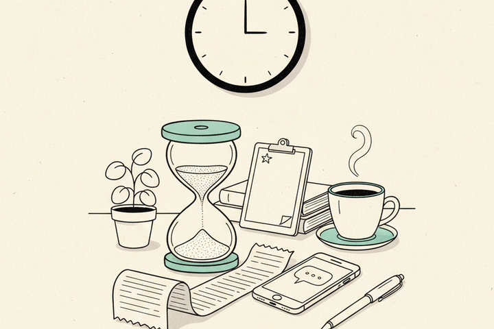 Editorial line illustration of a still-life scene with an hourglass mid-flow, a blank analog wall clock, a smartphone showing an empty notification bubble and a star icon, an unfurled paper strip, a coffee mug with steam, a clipboard, and a potted plant, with teal accents on the hourglass rim, saucer trim, and star icon.