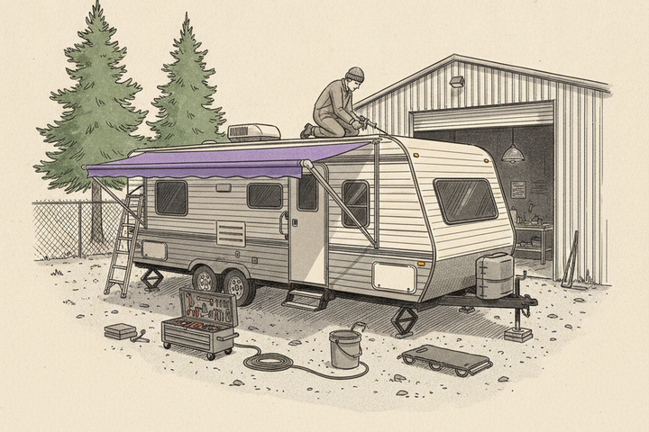 Editorial line illustration of a travel trailer in a gravel repair yard with a purple awning extended, a technician in a knit cap kneeling on the roof running a caulking gun along a seam, a ladder against the rear corner, an open rolling toolbox, bucket, coiled hose and creeper on the gravel, and the open bay door of a metal shop building behind, on cream paper.