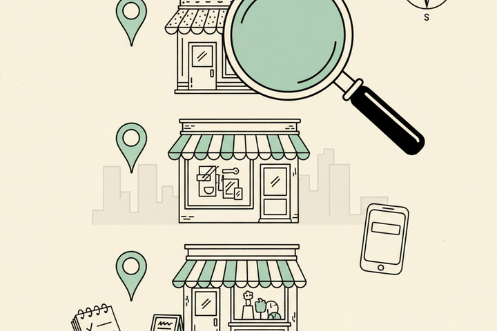 Editorial illustration of three storefronts ranked in a Map Pack with a magnifying glass examining the top one, and a small notepad recording observations