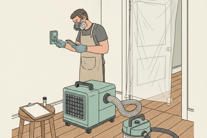Editorial illustration of a mold remediation technician inspecting a wall corner with an air scrubber, containment plastic in a doorway, HEPA vacuum, and a blank clipboard