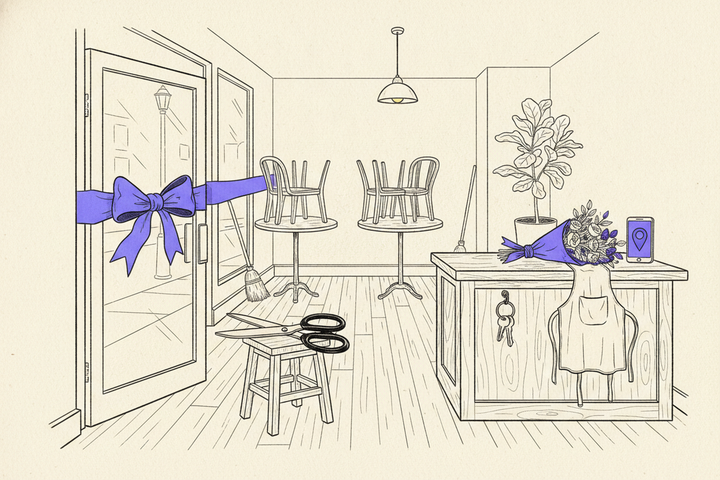 Editorial line illustration of a small shop on the evening before its grand opening: a purple ribbon tied in a big bow across the glass front door, oversized ceremonial scissors on a wooden stool, chairs stacked upside down on cafe tables, a broom against the wall, a counter with a bouquet in purple wrapping, a phone showing a purple map pin, a ring of keys and an apron hanging from the counter, a potted fiddle-leaf fig, and a street lamp visible through the door.