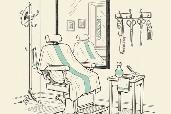 Editorial line illustration of a classic barbershop interior with a hydraulic barber chair draped in a striped cape, a large wall mirror reflecting the shop back, a coat rack, and a side table holding a talc powder shaker and shave tools, with teal accents on the cape stripe and talc bottle.