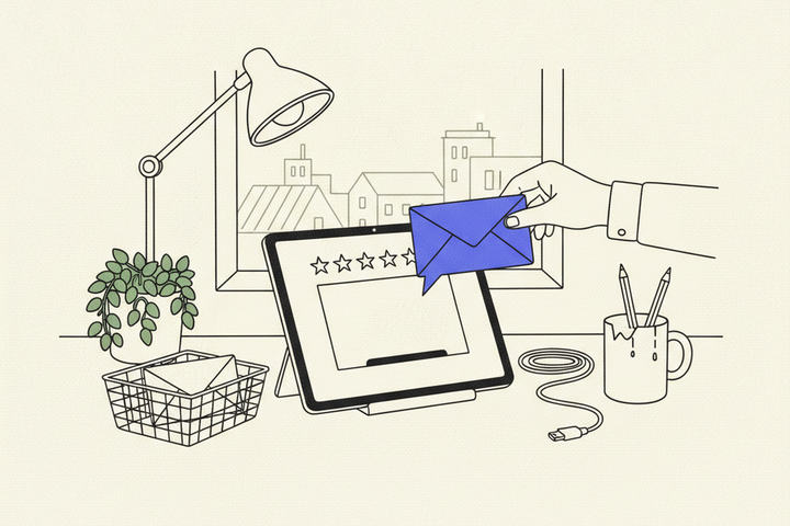 Editorial line illustration of a desk with a tablet showing a blank review card under five stars, and a hand posting a purple folded note into a slot beneath it.