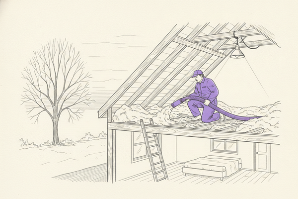 Hand-drawn cutaway of a house attic in late autumn: an installer in vivid purple coveralls and cap kneels on the ceiling joists, blowing fluffy loose-fill insulation from a purple hose between the joists, with a work light on a rafter, a ladder up through the hatch, a bedroom below, and a bare tree outside