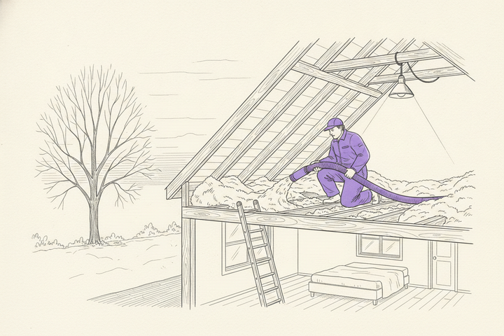 Hand-drawn cutaway of a house attic in late autumn: an installer in vivid purple coveralls and cap kneels on the ceiling joists, blowing fluffy loose-fill insulation from a purple hose between the joists, with a work light on a rafter, a ladder up through the hatch, a bedroom below, and a bare tree outside