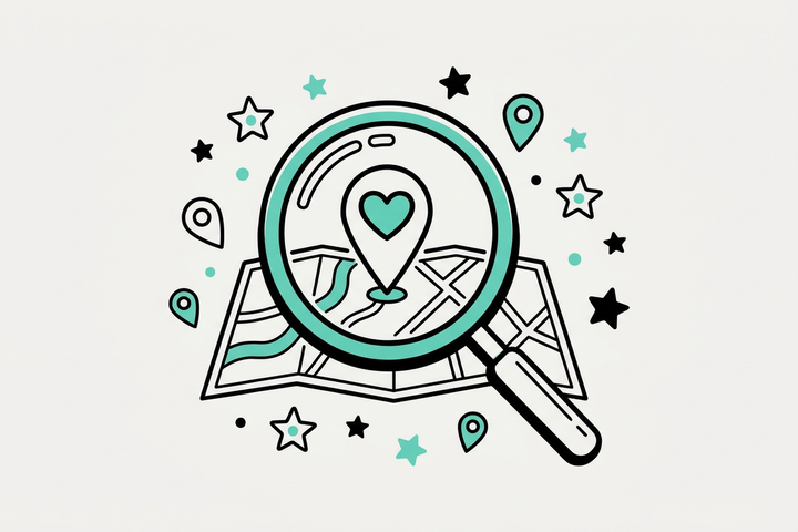 Flat teal lineart illustration of a magnifying glass over a map with location pins and stars, representing near me local search results
