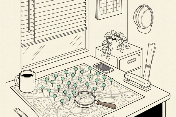 Editorial line illustration of a contractor's desk seen from above: a folded-out paper street map with no labels covering the desk, a grid of mint-teal pushpins stuck across it, a wooden-handled magnifying glass resting over one corner, a coffee mug and stapler weighing down the edges, a ruler, pencil and blank-screened phone alongside, a window with half-open blinds, a blank wall calendar, a hard hat on a hook, and a filing cabinet with a trailing plant, on cream paper.