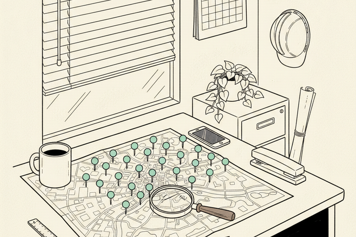 Editorial line illustration of a contractor's desk seen from above: a folded-out paper street map with no labels covering the desk, a grid of mint-teal pushpins stuck across it, a wooden-handled magnifying glass resting over one corner, a coffee mug and stapler weighing down the edges, a ruler, pencil and blank-screened phone alongside, a window with half-open blinds, a blank wall calendar, a hard hat on a hook, and a filing cabinet with a trailing plant, on cream paper.