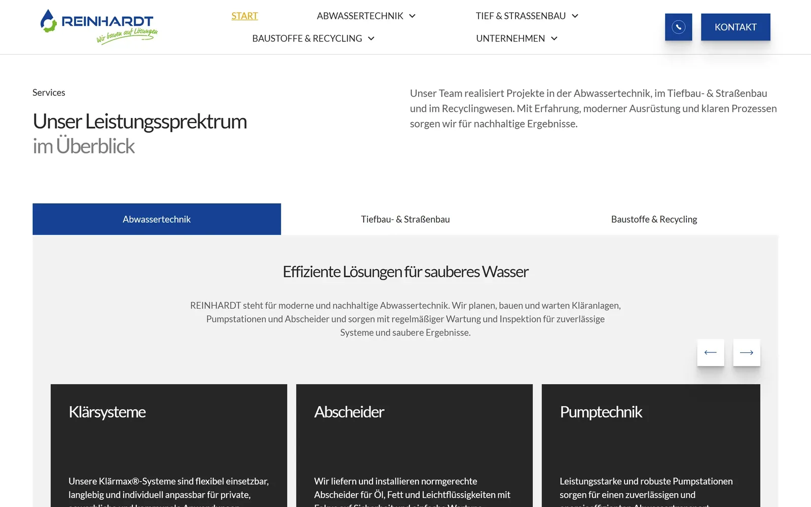 Die Bereiche als Reiter, je mit eigenen Leistungen.