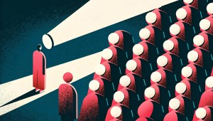 illustration of large crowd of people vs 1 person