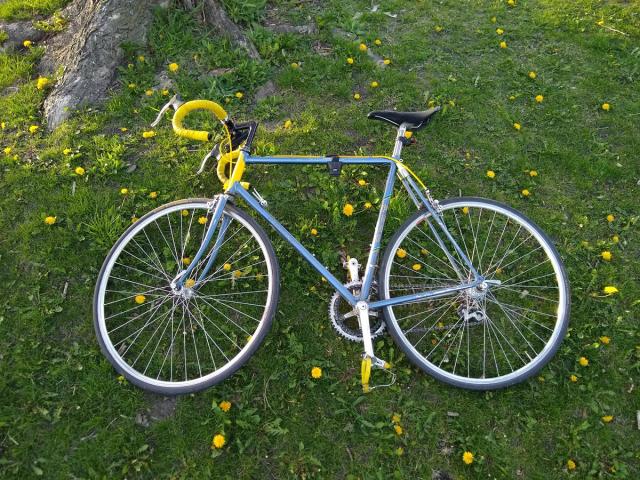 Photo of a blue road bike laying on some grass, with yellow drop bars and pedals.