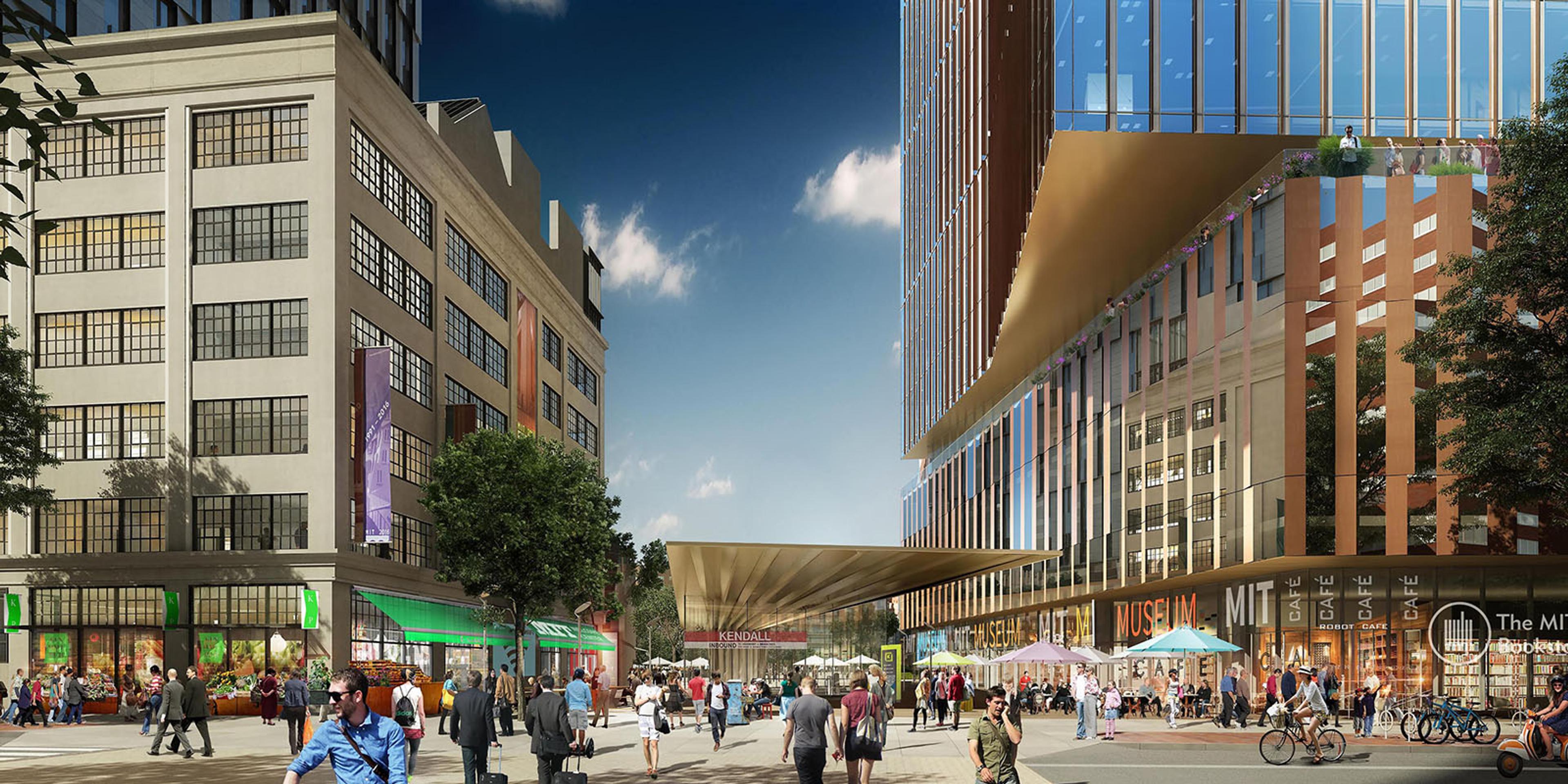 Rendering of Kendall Square with modern buildings and crowds of visitors.