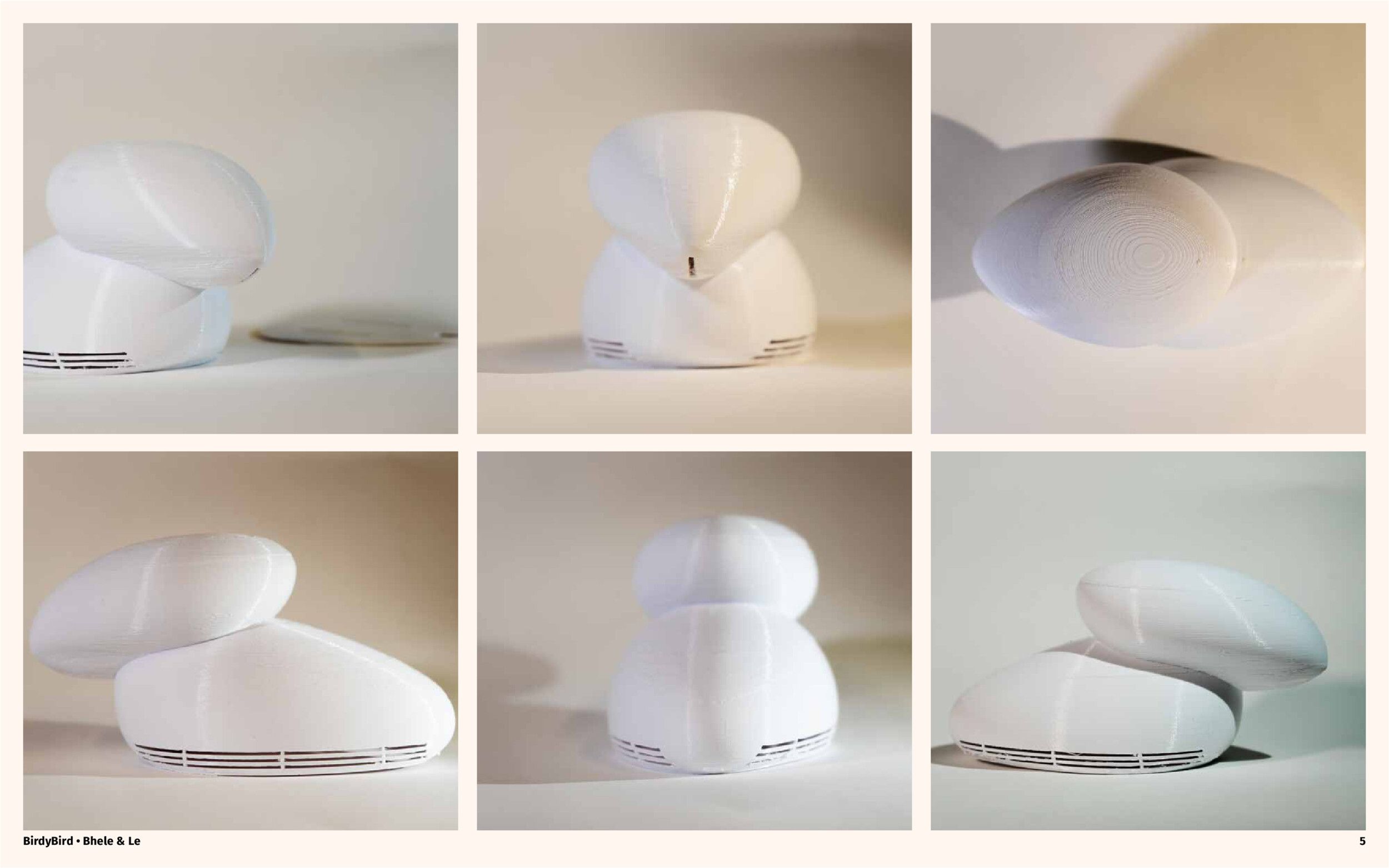 The 3D printed BirdyBird shell, a white and curvy plastic shell that resembles an abstract bird.