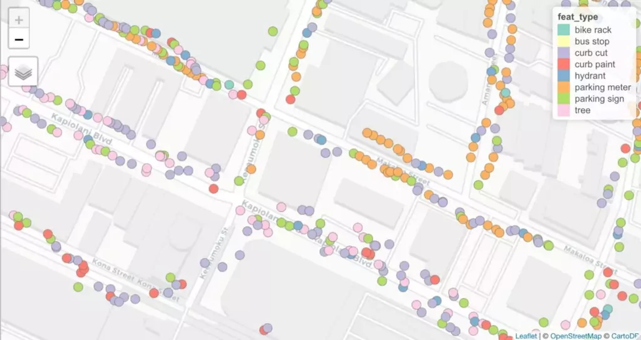 Visualization of curb inventory data collected using traditional GPS