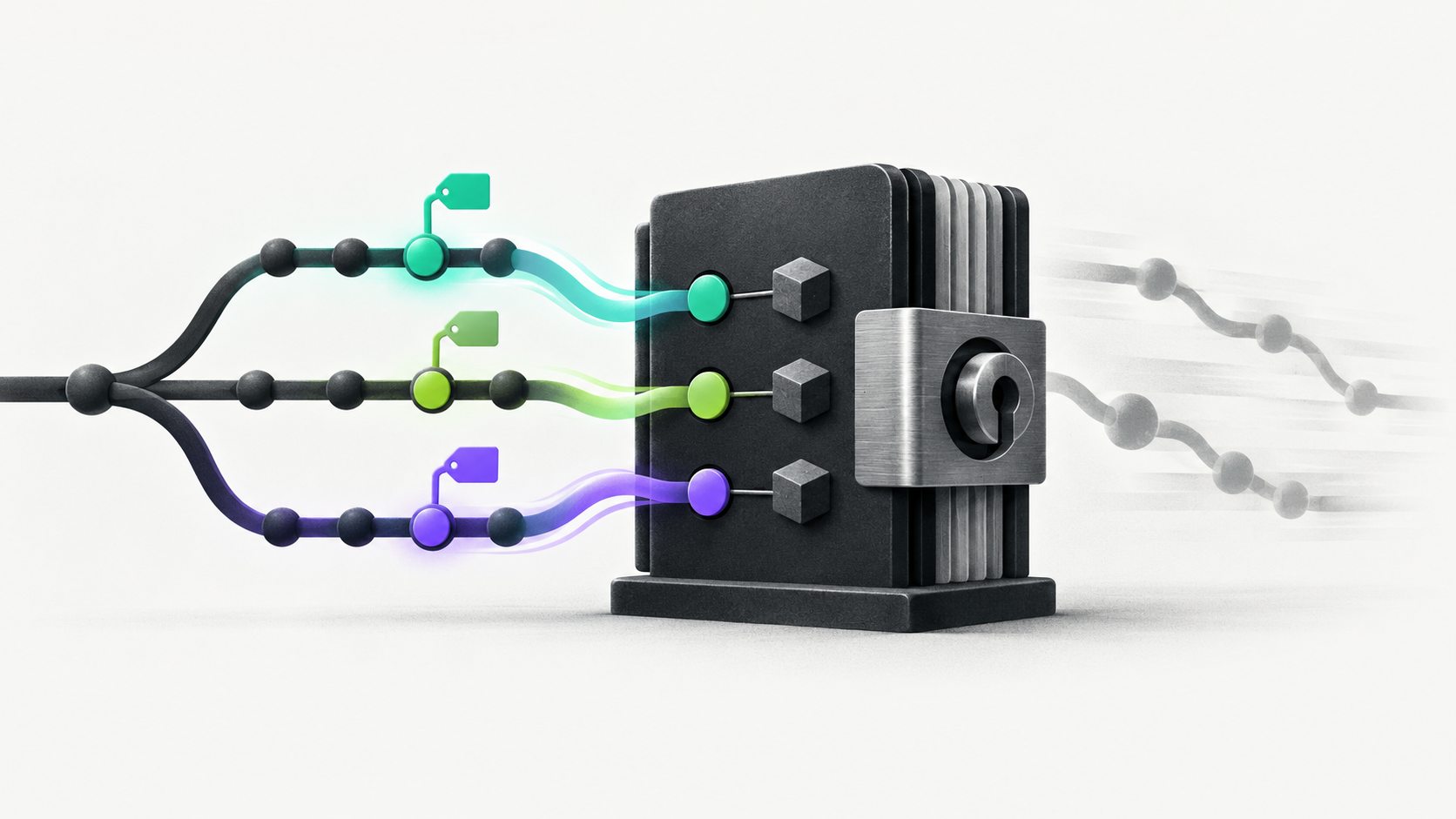 A branching workflow pipeline passing through a lock that pins each path to a specific revision