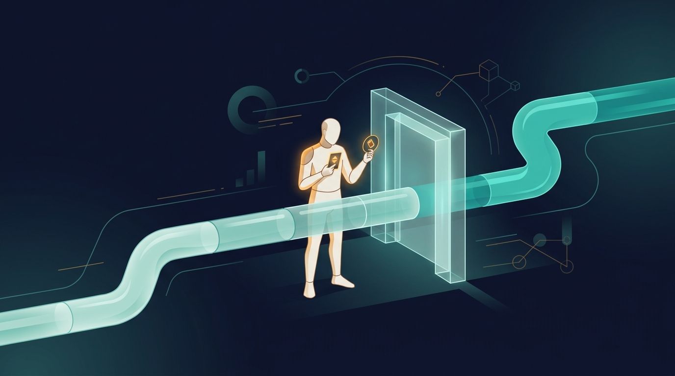A workflow gate holding a stream of code while a reviewer checks its permissions and origin