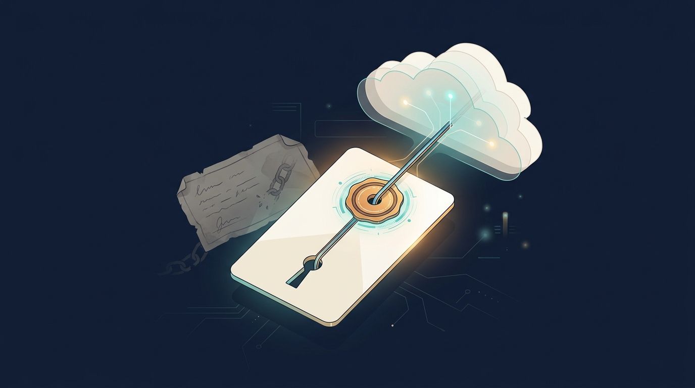 A cloud access keyhole connected to a repository identity card with a permanent numbered seal