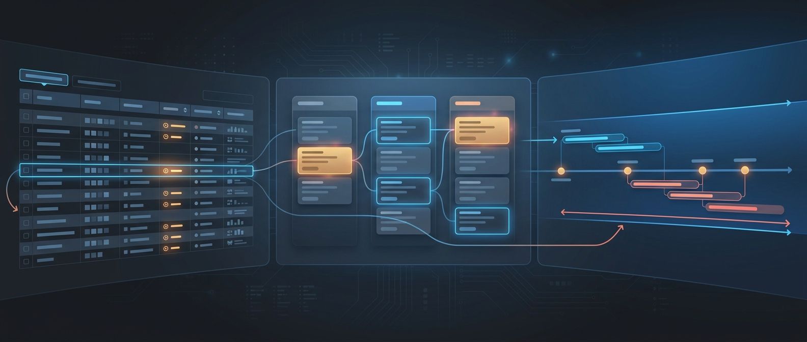 A project planning board with table, kanban, and timeline views connected to code work
