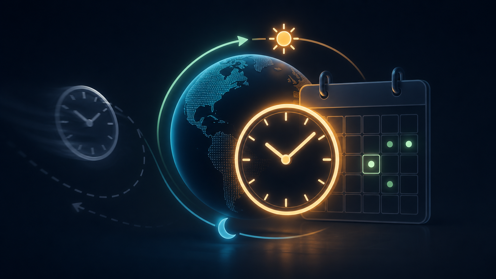 A glowing local-time clock aligns a calendar and globe while a second ghost clock drifts away