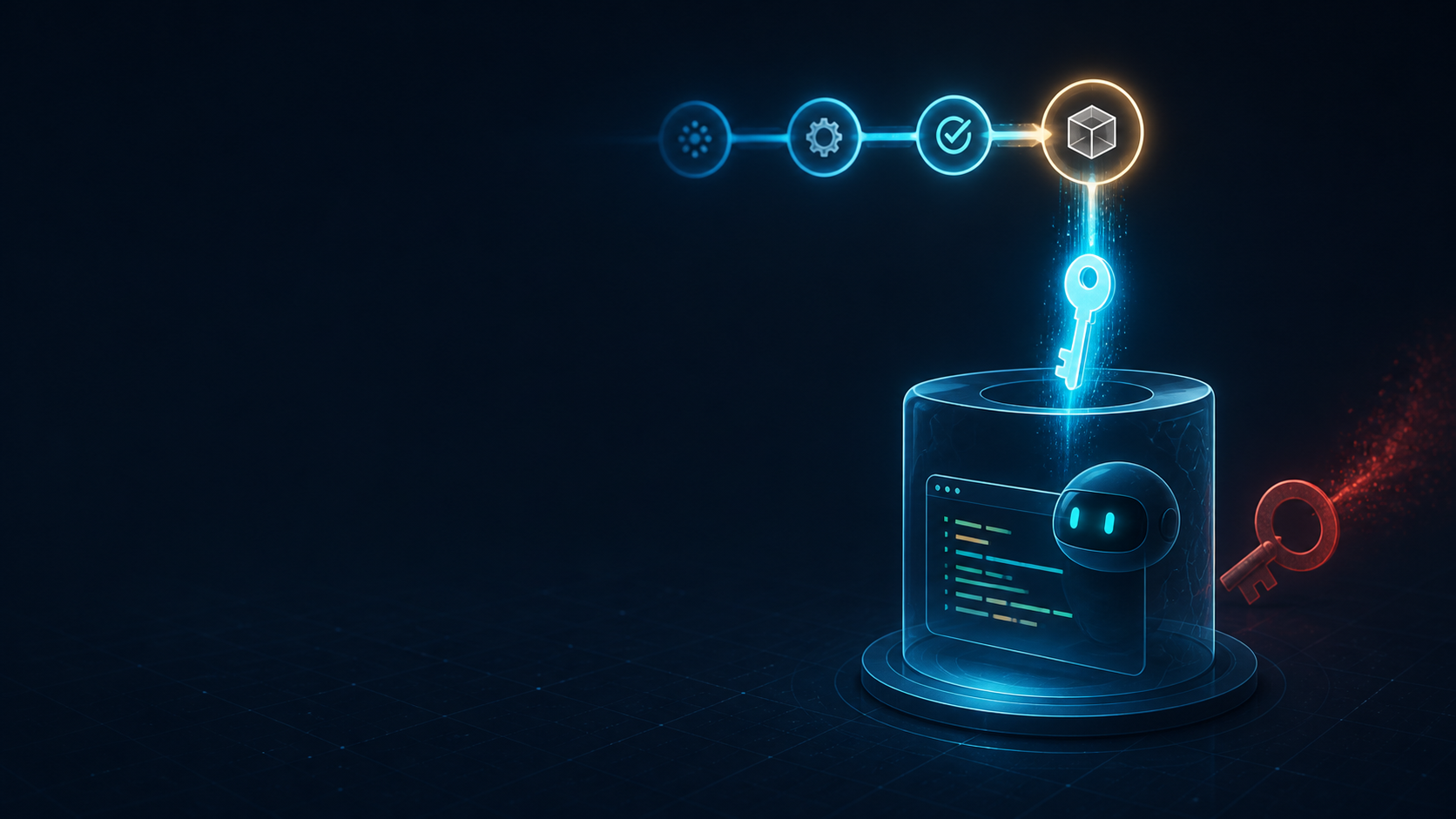 A short-lived workflow token moving from a CI pipeline into a contained terminal agent while a long-lived key fades away