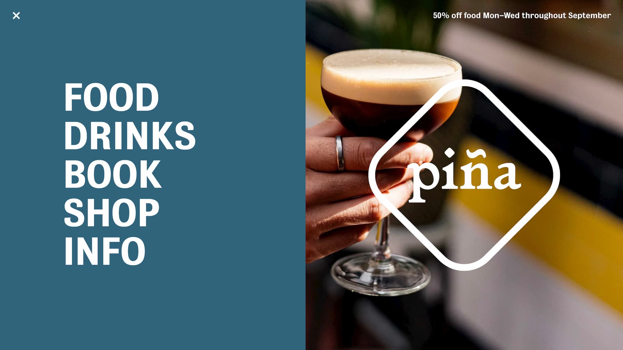 The navigation menu from piña's website.