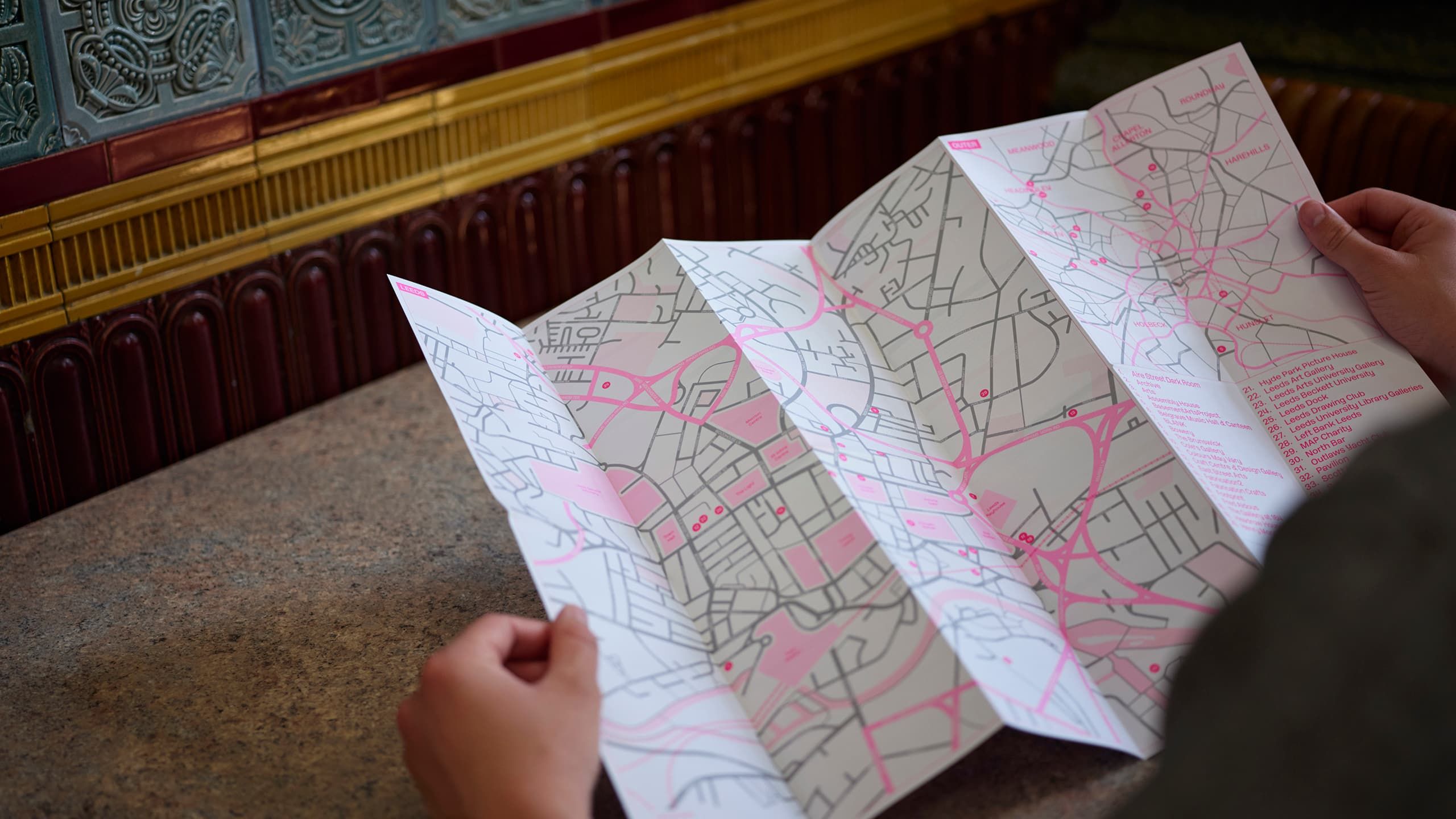 Leeds Art Map in use at Leeds Art Gallery's Tiled Hall Café.