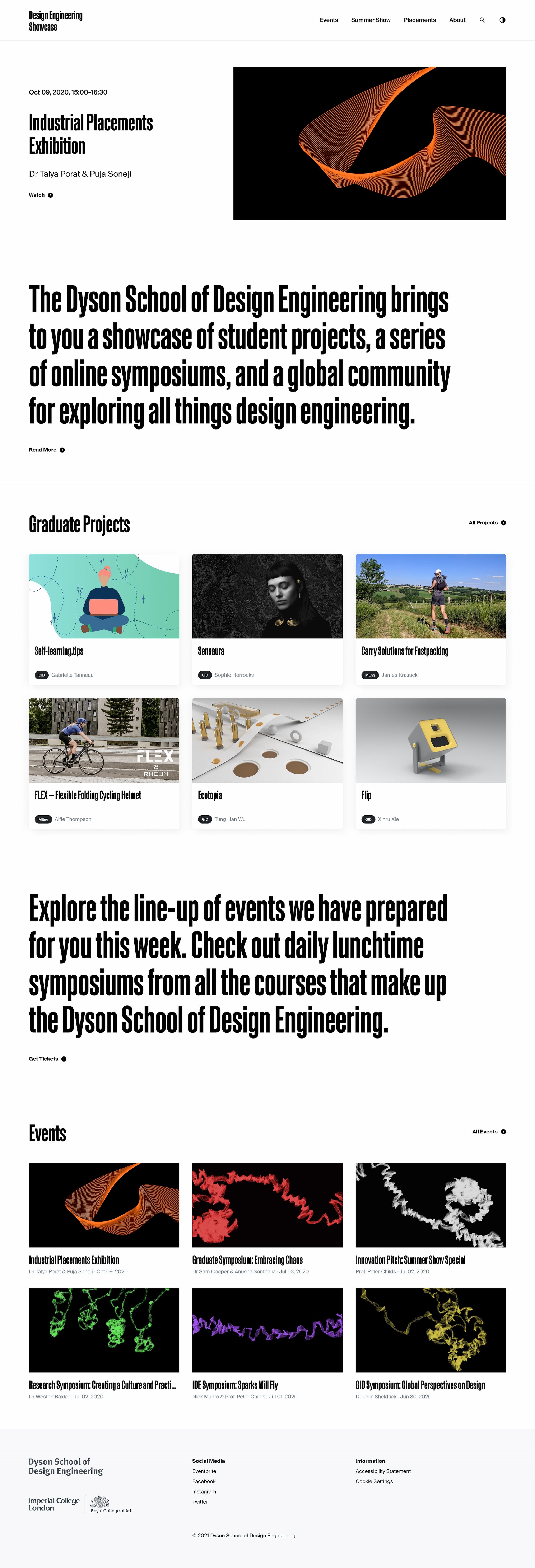 The homepage from Imperial College London's Design Engineering Showcase website.