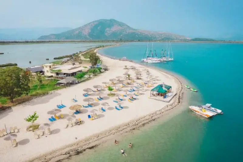 Aerial view of a beautiful paradise beach near Corfu Greece on a Greek island hopping trip.