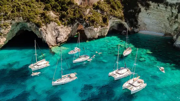 Group of yachts anchored at the Blue Caves in Greece