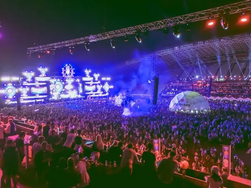 Huge nighttime crowd at ULTRA Europe in Split watching the main stage with lights and visuals