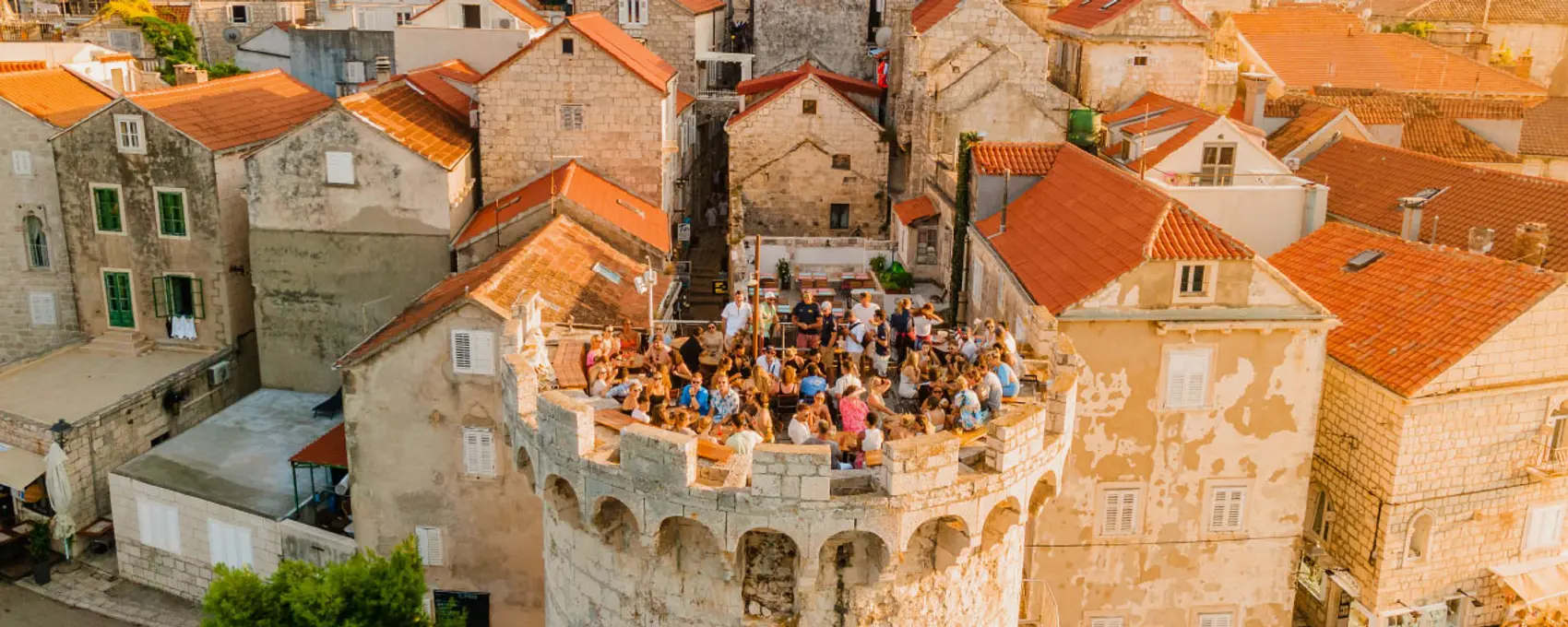 Aerial photo of Massimos fortress cocktail bar in Korcula Croatia.