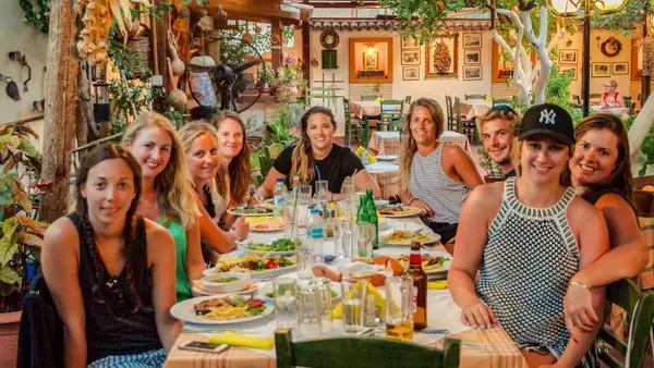 Group of friends at a restaurant in Plataria