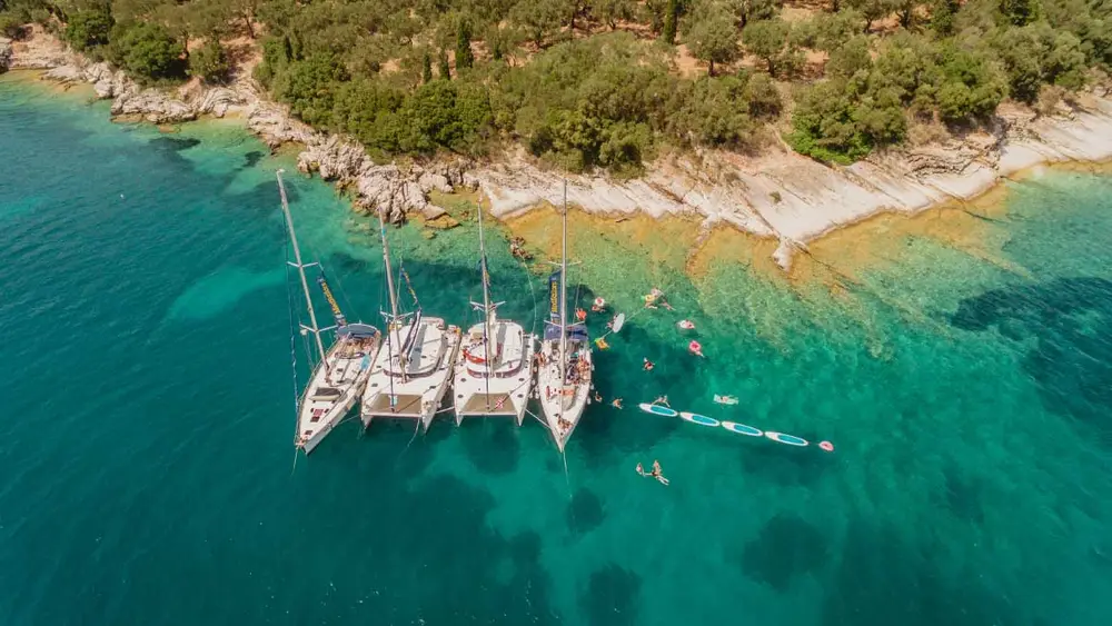 MedSailors yachts rafted together in a beautiful bay