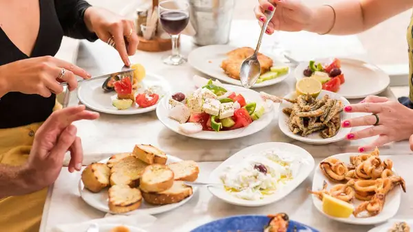 Table full of Greek food