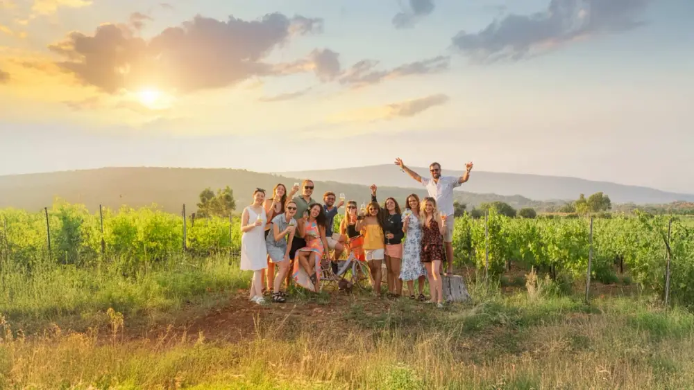 Group of friends pose for a photo at Hora Farm in Croatia