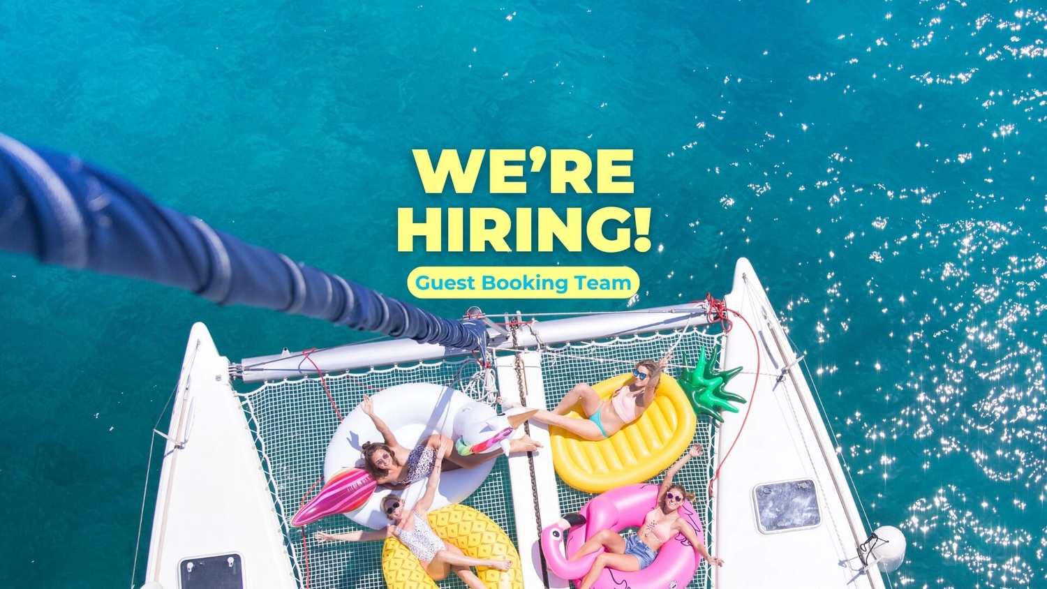 MedSailors hiring banner showing travellers laying on a catamaran during a sailing trip in Greece or Croatia.