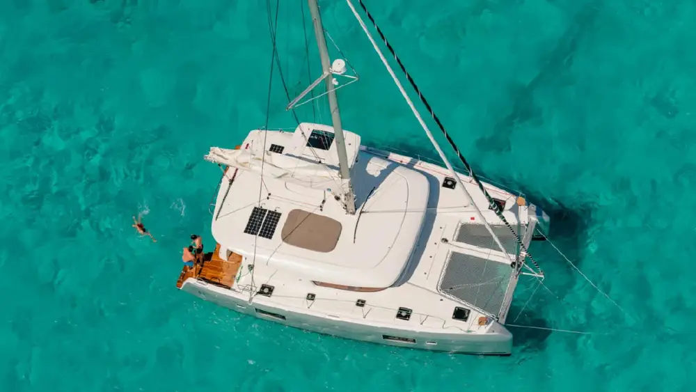 Lagoon 42 catamaran anchored in beautiful bay