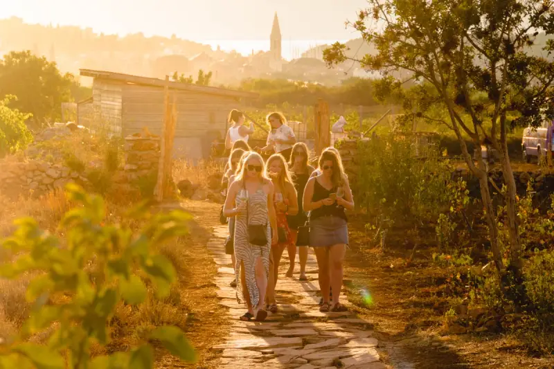 Photo of guests walking through a vineyard at Hora farm in Stari Grad, Croatia. Photo by Ryan Brown of Lostboymemoirs.com