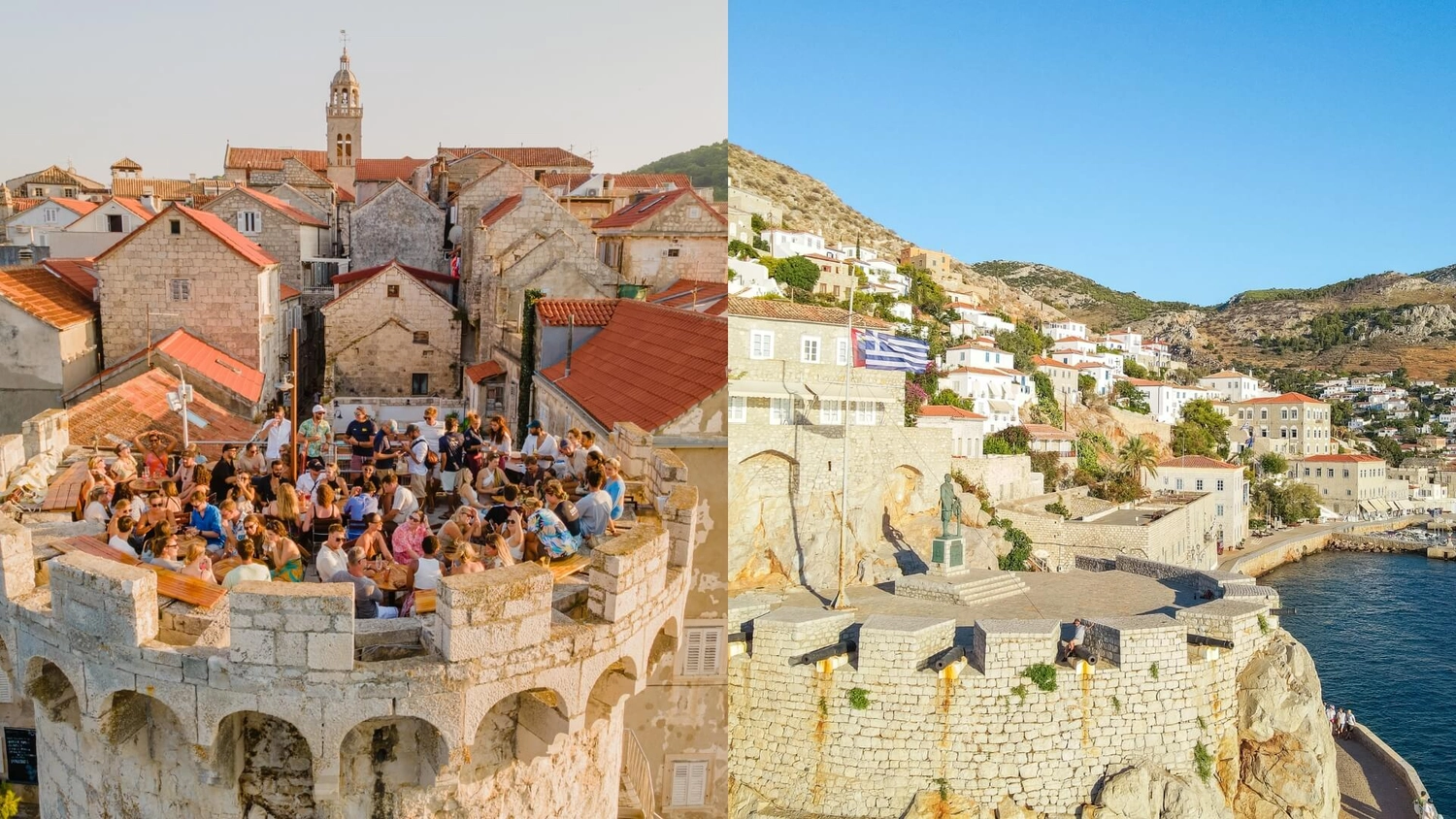 Alt text: Split image showing a lively rooftop bar in Hvar, Croatia filled with travellers overlooking historic stone buildings with terracotta roofs, contrasted with the scenic waterfront of Hydra, Greece lined with whitewashed houses and rocky hillsides under a clear blue sky — representing the distinct charm of sailing holidays in Croatia vs Greece with MedSailors.