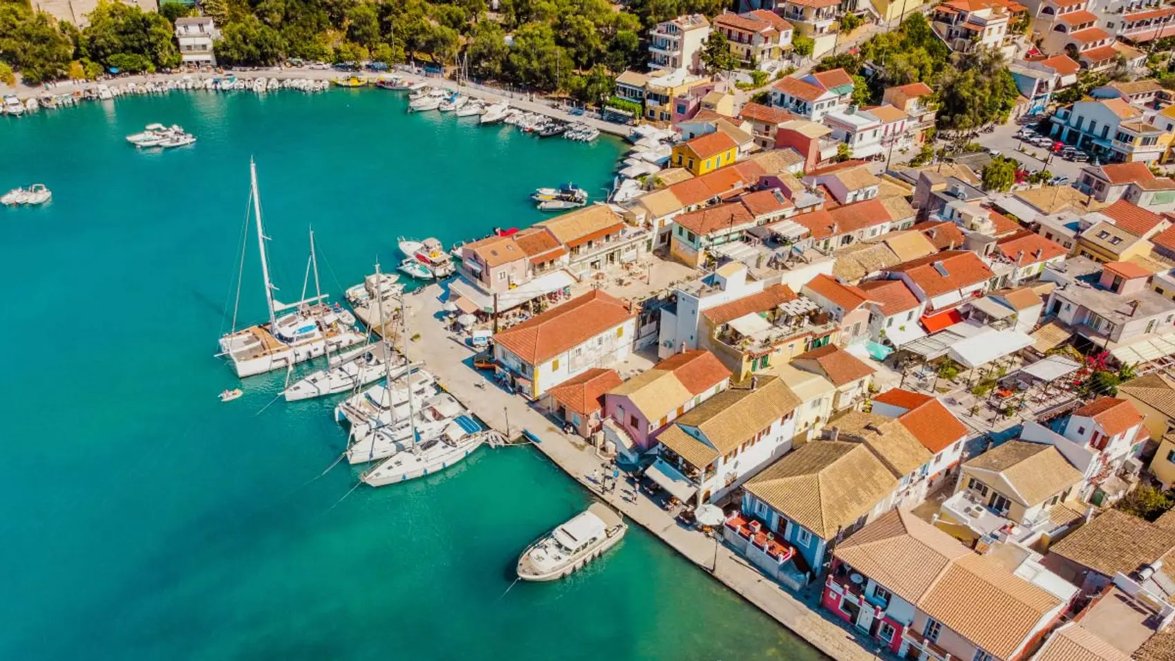 Drone photo of the Lakka town waterfront